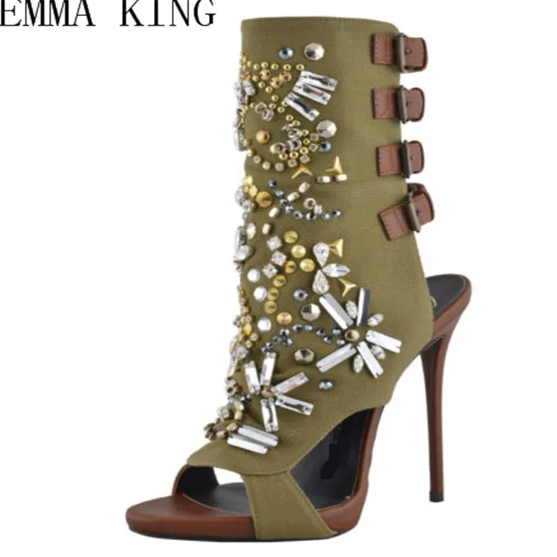 Tacón De Imitación Picture Ejército As Tobillo Hebillas Tacones Boca Botas Del Trasera Cremallera Mujer Zapatos Para Diamantes Moda Verde Pescado Verano 7t4qfd
