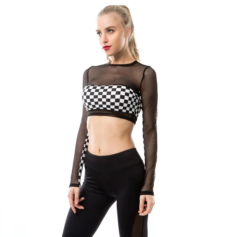 

Black&White Plaid See-through long-sleeved T-shirt Tight-fitting Uncovered Midriff Gauze Piecing Sportswear Tops