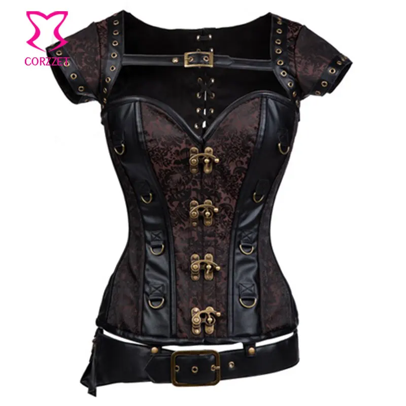 Womens Gothic Steampunk Corset Vest, Brown Steel Boned Vintage