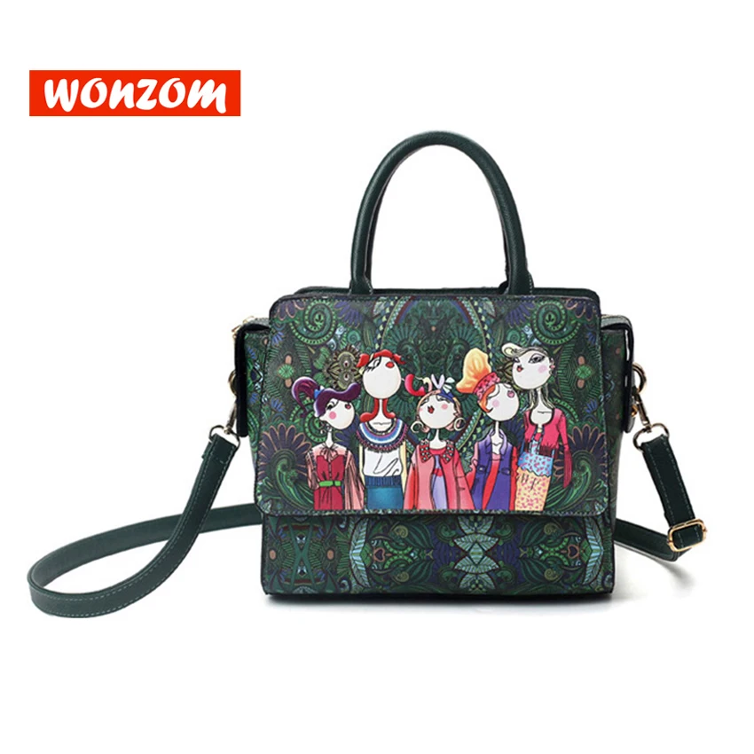 

WONZOM 2017 Designer Luxury Brand High Quality PU Leather Handbag Ladies Green Cartoon Shoulder Bag Female Small Message Bag