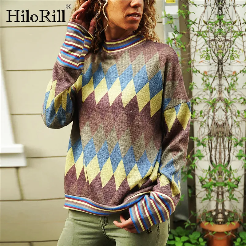 

Geometric Print Shirt Women Long Sleeve Tops and Blouse Female Casual Loose Turtleneck Knitted Pullover Tops Tunic Camisas Mujer