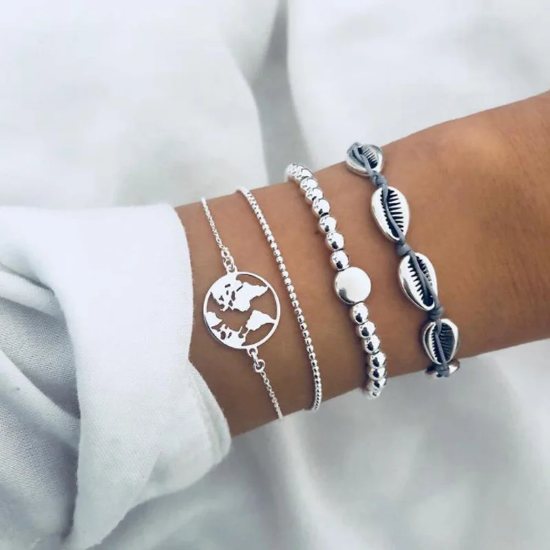

4 Pcs/ Set Exquisite Hollow Map Shell Bead Gem Chain Leather Woven Silver Bracelet Set Women Personality Gift Drop Shipping