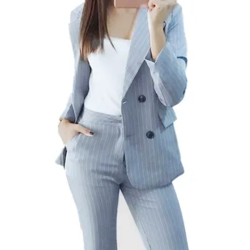 

Work fashion pants suit two-piece ladies double-breasted striped suit jacket and pants office ladies business formal suit