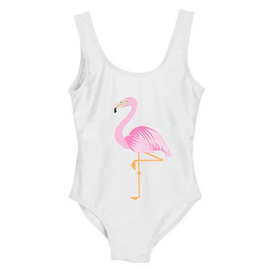 Милый Цельный купальник для маленьких девочек, одежда для купания для детей, пляжная одежда с изображением фламинго, боди, купальный костюм - Цвет: Flamingos-White