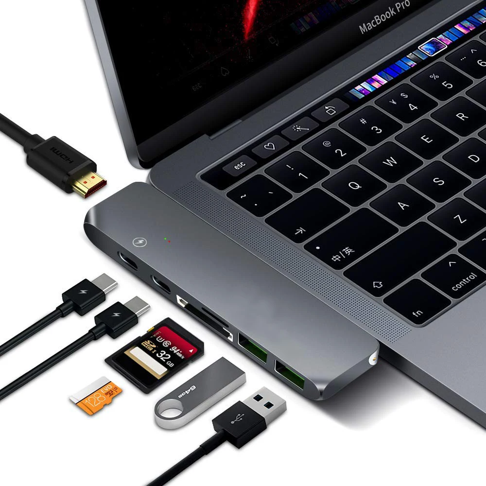 Адаптер USB C Hub Dual Type Thunderbolt 3 для 2017/2018 MacBook Pro с 4K HDMI 2xUSB3. 0 SD и MicroSD кардридер|Адаптеры