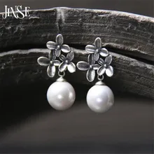 JINSE S925 Sterling-Silver-Jewelry Flower Shell Pearl Sterling Silver Jewelry Dangle Drop Earring For Women Korean Jewelry 13mm