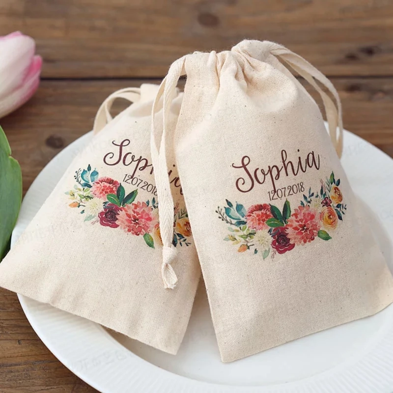 

50pcs Personalized Wedding gift Drawstring bag cotton candy bags custom name date Bridal Birthday Anniversary wedding favors