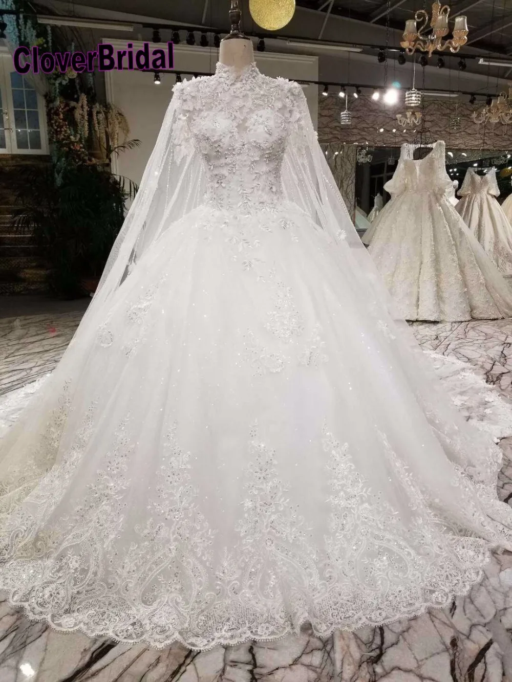 

CloverBridal pearls beading lace appliques flowers floor length high neck wedding-dress with one meter long should veil