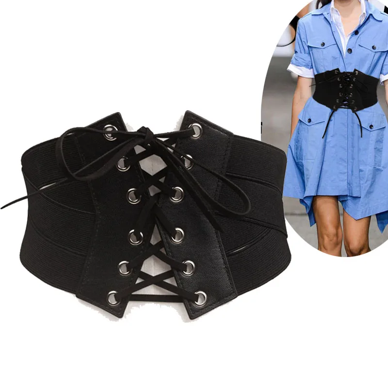 PU + Elastic Material Fashion Elegant women's Black Wide Waist Elastic