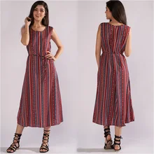 Women Summer Dress Bohemian A-Line Sleeveless Striped Mid-calf Lond Dresses Casual O-neck Boho Beach Dress Vestidos with Sashes Dresses Women Summer Dress Bohemian A-Line Sleeveless Striped Mid-calf Lond Dresses Casual O-neck Boho Beach Dress Vestidos with Sashes Dresses