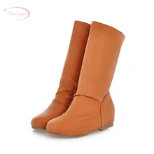 Chainingyee/простые милые удобные ботинки до середины икры с круглым носком; цвет черный, белый, желтый; женские мотоциклетные ботинки на среднем каблуке, увеличивающие рост