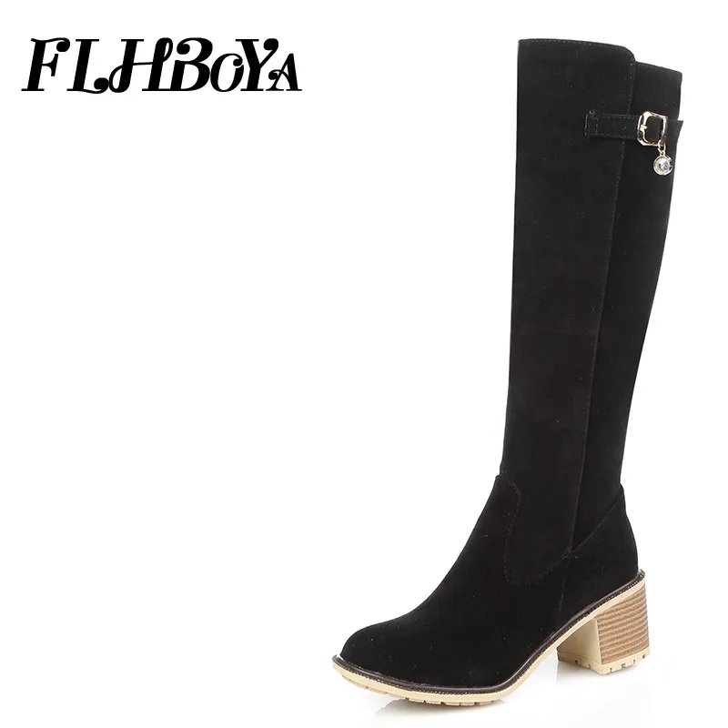 

New Women Bead Buckle Square Heel Round Toe Knee-high Boots For Ladies Winter Gray White thick heels Ziplong Boot Woman Shoes