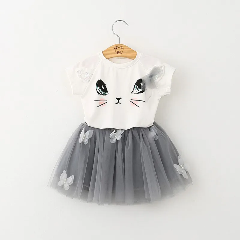Летняя футболка с принтом юбка-вуаль с помпоном комплект из 2 предметов с бабочками, костюм с короткими рукавами для маленьких девочек Новинка, с рисунком котенка