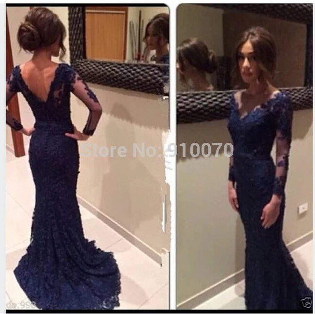 

2015 Custom Made Cheap Vestidos Long Sleeve V-neck Mermaid Party Dresses/Elegant Navy Blue Lace Sexy Backless Prom Dresses PM384