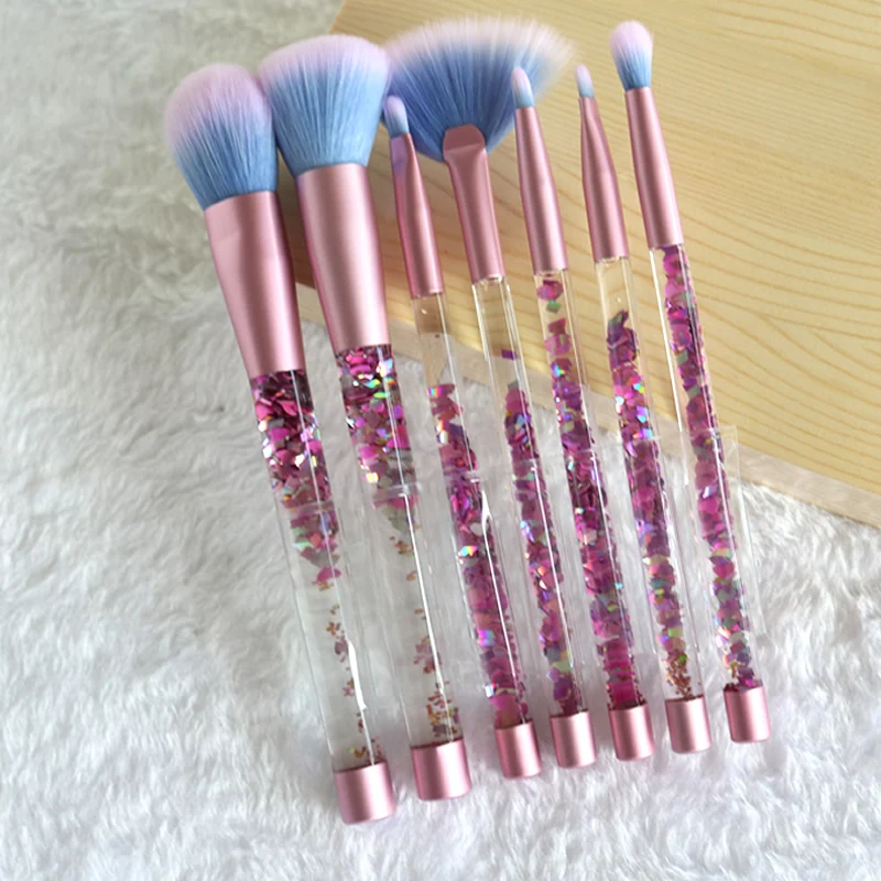 

7Pcs Liquid Glitter Crystal Handle Makeup Brush Professional Mermaid Crystal Flow Sand Makeup Brushes Tool Set With Bag