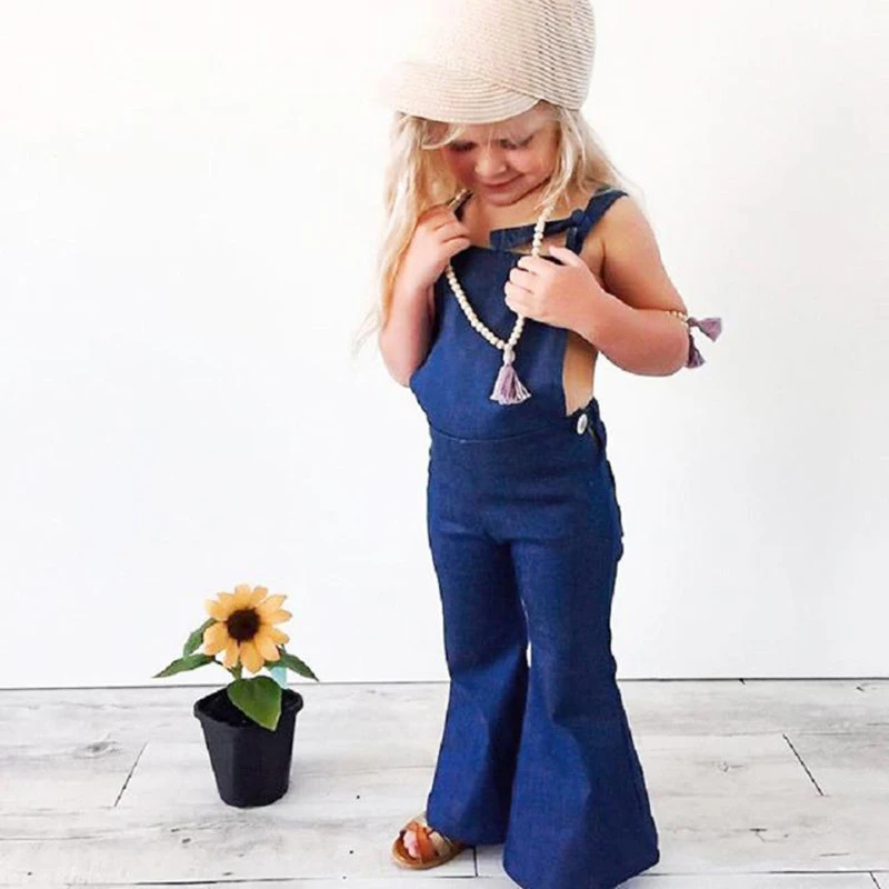 

Fashion Toddler Kids Baby Girl Sleeveless Backless Strap Denim Overall Romper Jumper Bell Bottom Trousers Summer Clothes