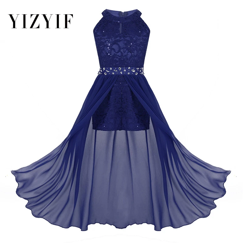 

YiZYiF Girls Romper Dress Sleeveless Floral Lace Rhinestone High Neck Maxi Romper Dress for Pageant School Dance Birthday Party