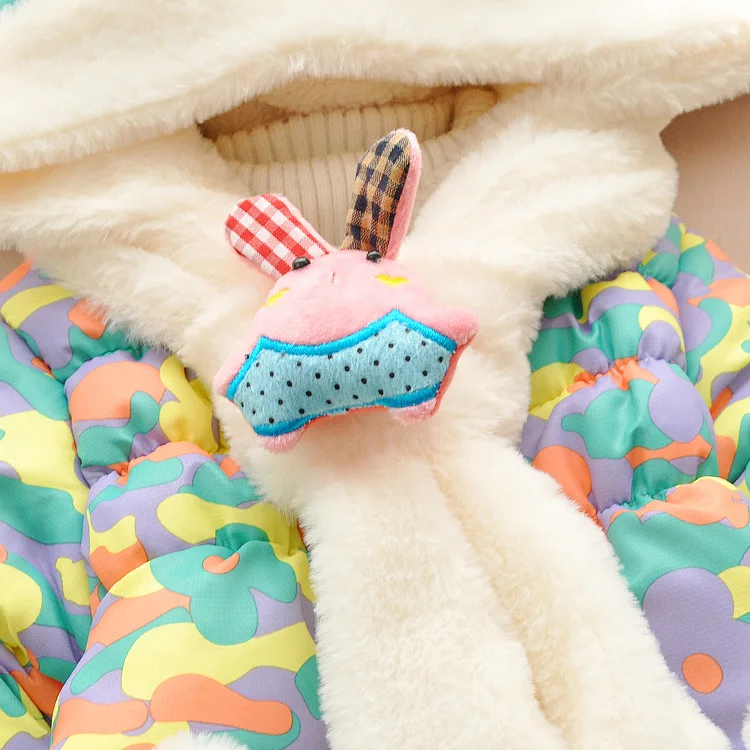 Зимний теплый Детский комбинезон с милыми заячьими ушками и капюшоном; Верхняя одежда для маленьких девочек; парка для новорожденных девочек; пальто для малышей