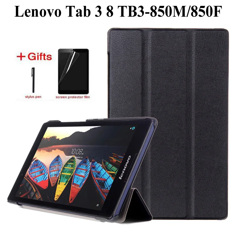 Тонкий кожаный чехол-книжка из искусственной кожи чехол для lenovo Tab 3 8 TB3-850M TB3-850F Крышка для lenovo Tab 2 A8-50 A8-50F A8-50L 8,0 дюймов чехол+ Защитная пленка на экран+ подставка для ручек