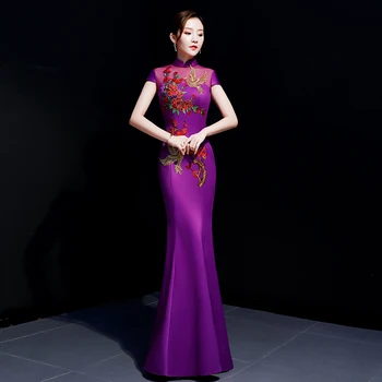 

Elegant Women Chinese Traditional Embroidery Flower Qipao Mandarin Collar Chongsam Summer Mermaid Stage Show Dress Lady Gown