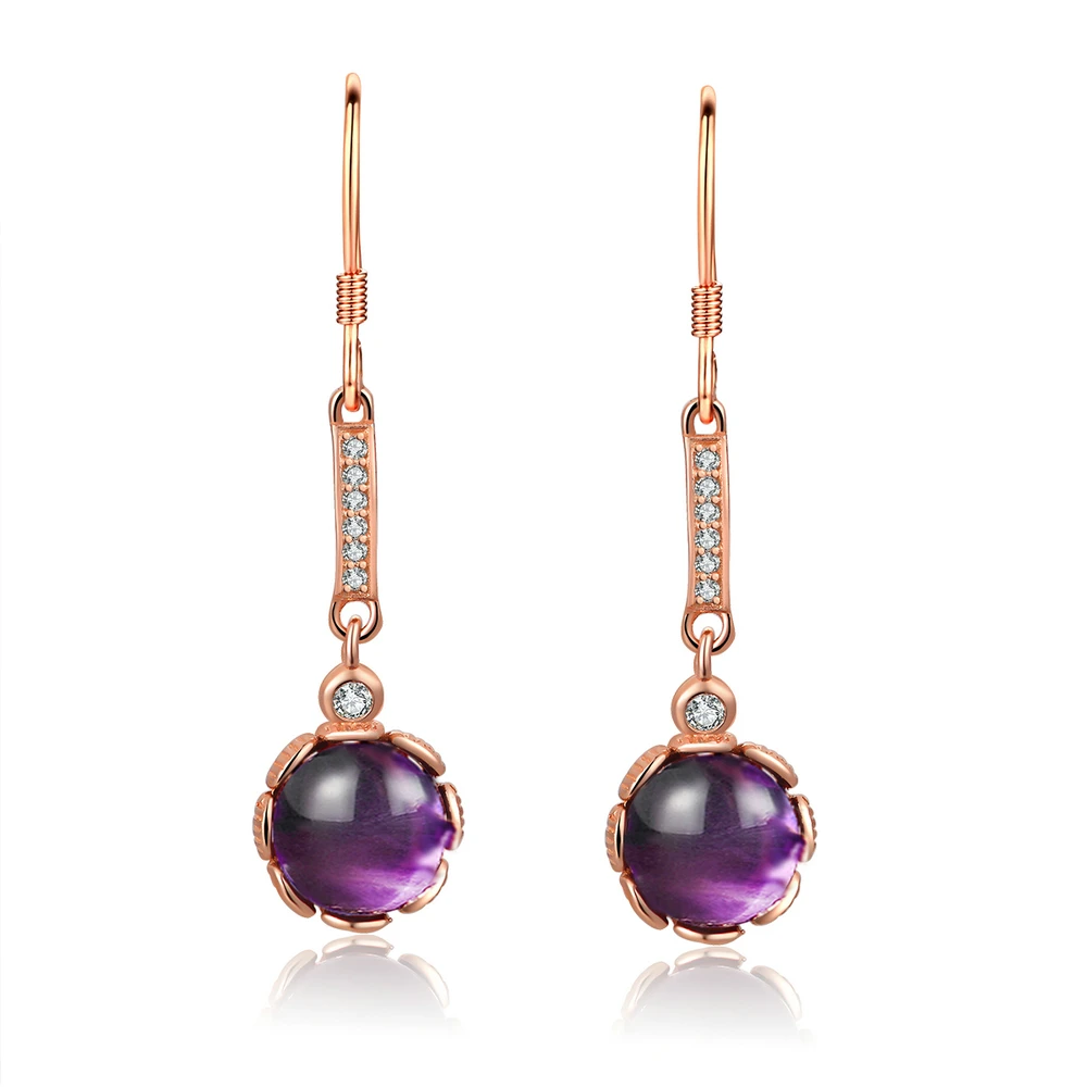 LAMOON 8mm 3.3ct 100% Natural Roundness Purple Amethyst 925 Sterling Silver Jewelry Drop Earrings LMEI019
