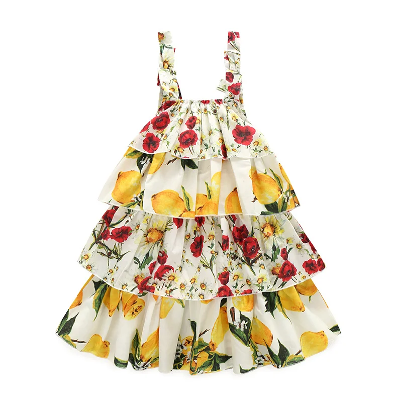 

Girls Dresses Summer Brand Girls Layered Dress Lemon Poppy Print Kids Dresses for Girls Clothes Robe Princesse Enfant