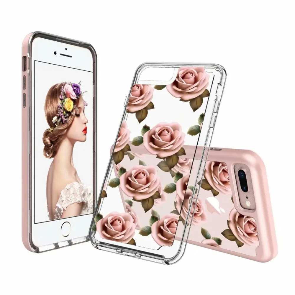 

Lovely Pink Plant Roses Flowers Shockproof TPU+PC Cover For iPhone 6S 7 8 For iPhone 6 7Plus 8Plus Fashion Girl Cute Phone Cases