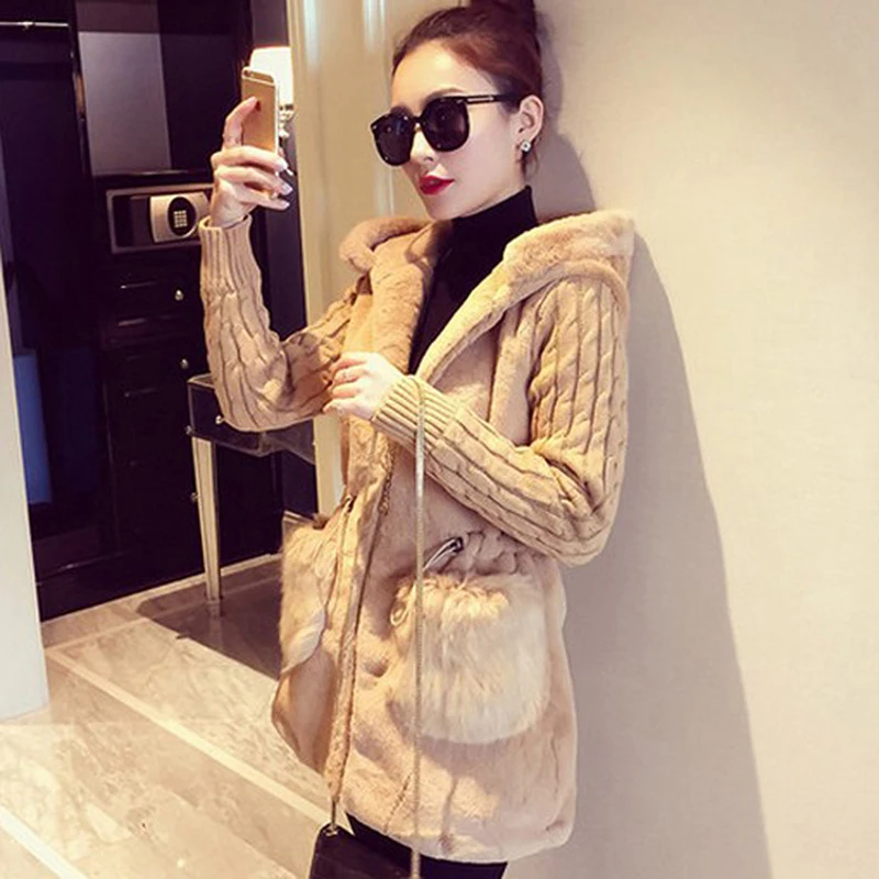 

Bigsweety Women Hooded Winter Warm Jacket Loose Knitted Plush Jacket Winter Thick Outerwear Coat Ladies Casual Coats Pocket