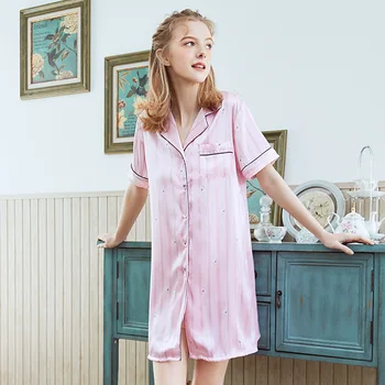 

Hot Sale Summer Sexy Lady Satin Nightdress Sleepwear Pijamas Silky Home Dress Silky Sleepdress Casual Nightgown