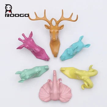 

Roogo Hanger Key Holder Wall Deer Head Room Decoration Wall Hook Multi Annimal Wall Coat Rack Resin Home Decoration Accessories