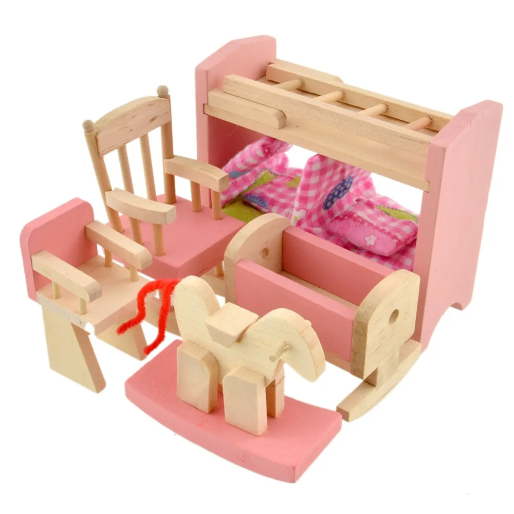 الوردي الحمام الأثاث سرير بطابقين منزل الأثاث للدمى الخشب أثاث مصغر ألعاب خشبية للأطفال