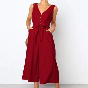 

Summer Wide Leg Trousers Jumpsuit For Women Sleeveless V-Neck Bandage Sashes Ladies Evening Party Long Rompers Womens Jumpsuits