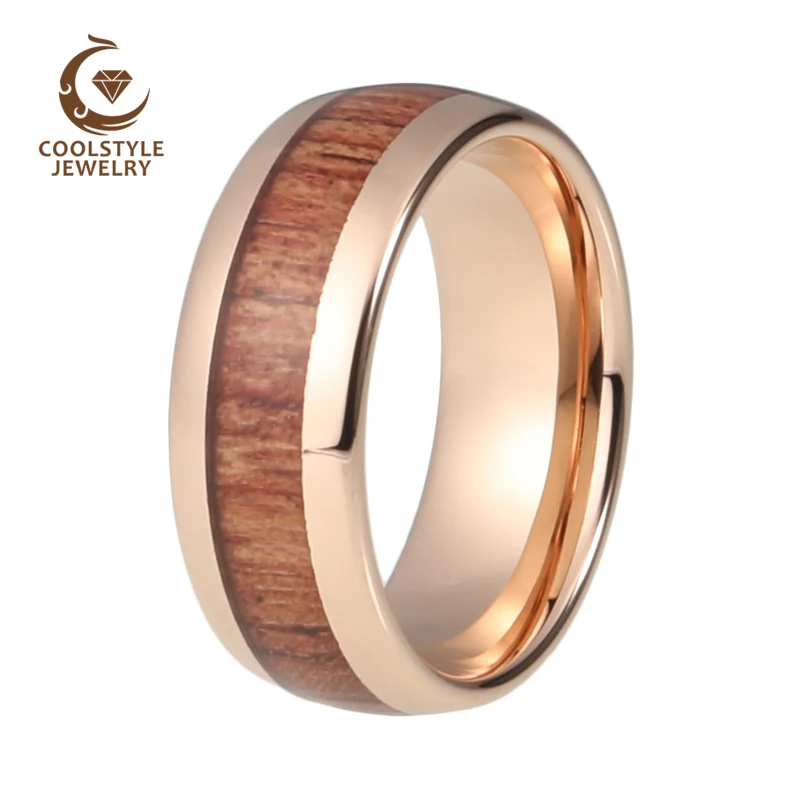 melhor NATUREZA De Madeira Koa Inlay Tungsten Carbide Casamento Anel de Noivado 8mm Ouro Rosa Domed Band Alta Polido Comfort Fit