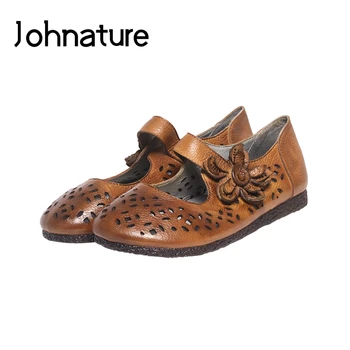 

Johnature 2020 New Handmade Genuine Leather Casual Hook & Loop Retro Floral Shallow Comfortable Flat With Sandals Women Shoes