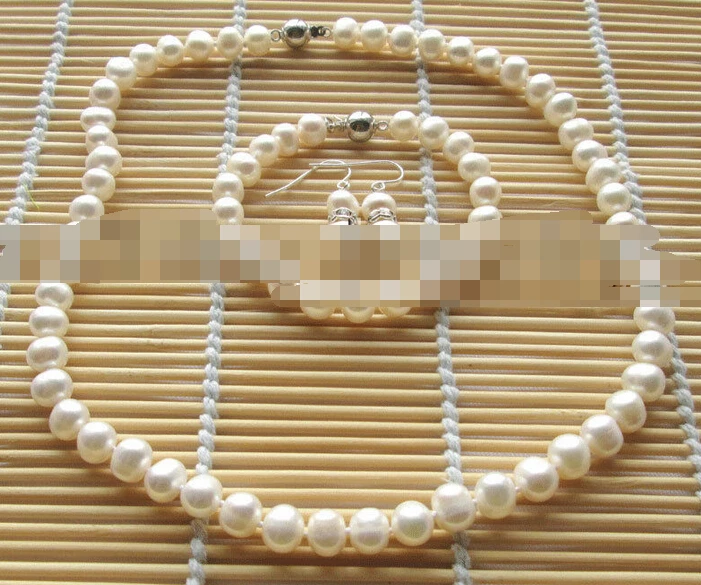 

07634 white round freshwater pearl necklace & bracelet & earring one set