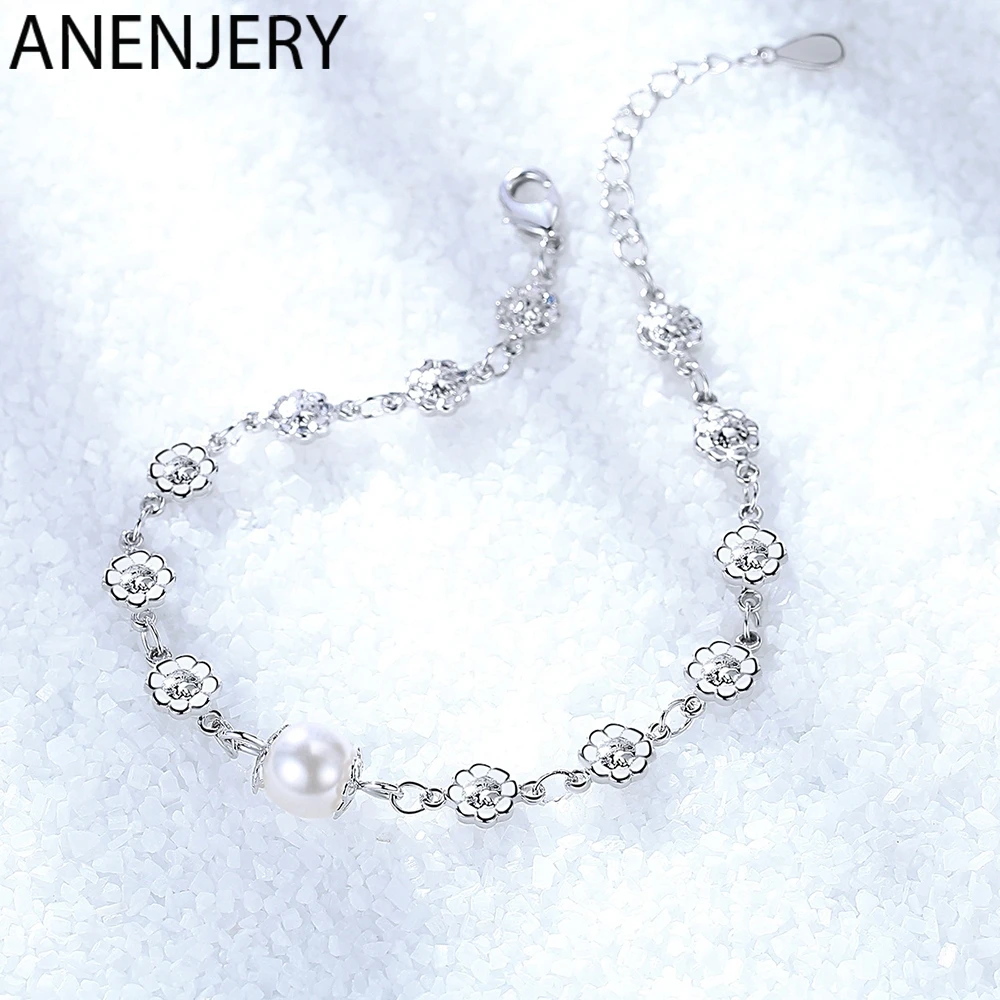 

ANENJERY Korean Bloom Plum Flower 925 Sterling Silver Bracelets For Women Imitation Pearl Hand Jewelry S-B261