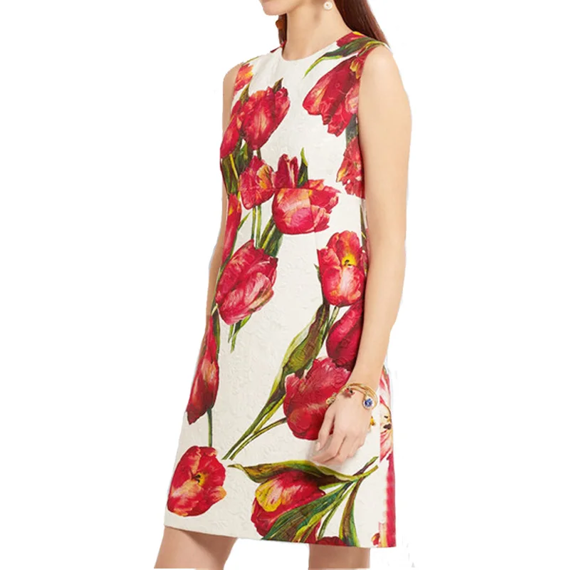 New Arrival Red Tulip Print Sleeveless Dress 2017 New Spring Summer
