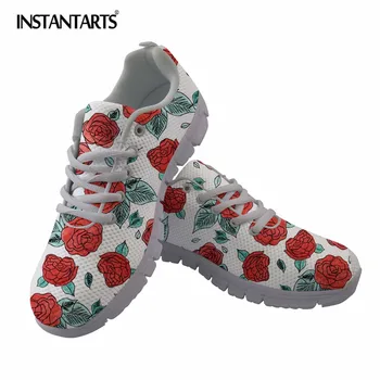 

INSTANTARTS Run for the Roses Pattern Women Flat Shoes Casual Woman Sneakers Girls Ladies Lightweight Lacing Flats Walking Shoes
