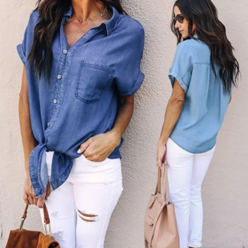 

Summer Women Casual Shirt Buttons Pockets Lapel Short sleeves Female Denim Shirts Women's Fashion Denim Blouses Slim Top