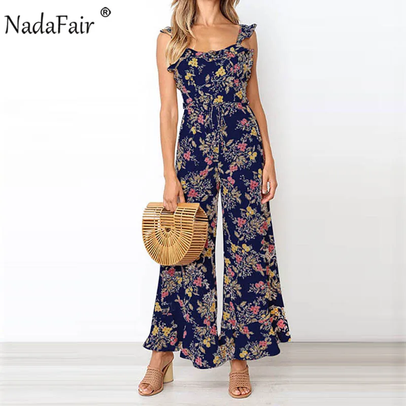 

Nadafair Floral Print Romper Women Jumpsui Ruffles Backless Sexy Chiffon Summer Jumpsuit Wide Leg Long Pants Overalls