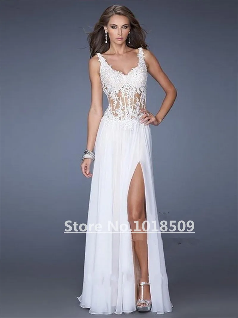 

Spaghetti Straps Applique Sheer Lace White Evening Dress Special Dresses Corset Bodice Sheer Formal Dress High Split