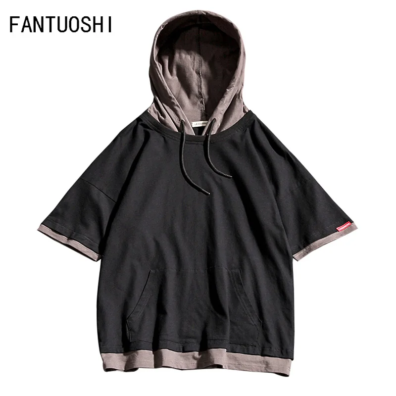 

2019 Summer New Men's Hoodie fashion loose splice Pullover hip hop street Short Sleeved Hoodies Men Fake two pieces black 5XL