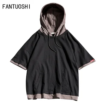 

2019 Summer New Men's Hoodie fashion loose splice Pullover hip hop street Short Sleeved Hoodies Men Fake two pieces black 5XL