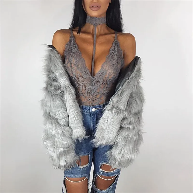 Ruoru العميق الخامس الرقبة مثير ارتداءها الصلبة المختنق شبكة الدانتيل ارتداءها النساء bodycon الصيف playsuit catsuit الجسم فام يوتار أنثى