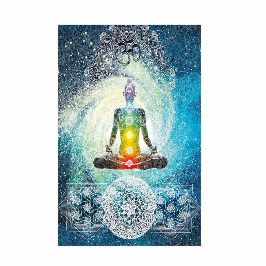 7 Chakra Buddha Ethnic Wall Hanging Tapestry Indian Blue Tone Bedspread Bedding