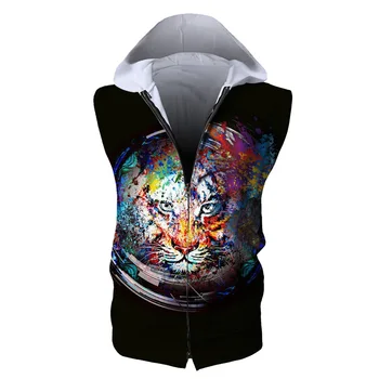

3D printing Sleeveless Tank Tops zipper Hoodies Sweatshirts Men summer Thin lion Male Bodybuilding Hoodies Fitness Clothes