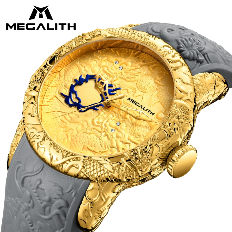 Goede MEGALITH Mode Mannen Horloge Top Luxe Merk Gouden Draak Sculptuur Horloge Mannen Quartz Horloge Waterdicht Grote Wijzerplaat Sport Horloges Man