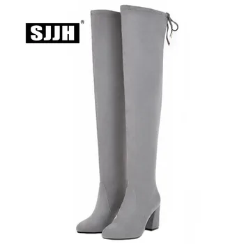 

SJJH Women Over-the-Knee Boots with Point Toe Chunky Slip-on Faux Suede Short Plush Boots Fashion Formal Shoes Large Size A945