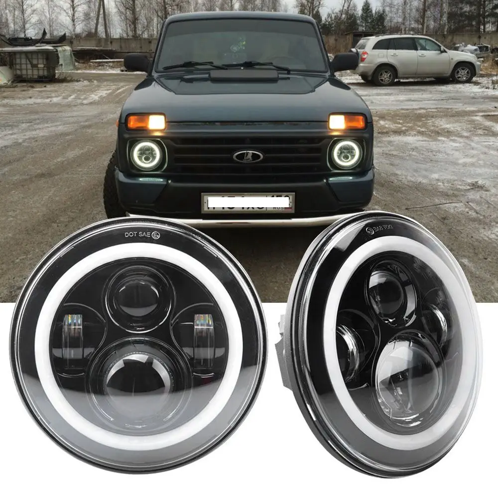 

7Inch LED Headlamps with Halo Ring Amber Turn Signal For lada niva 4x4 suzuki samurai 7" LED DRL Halo Headlights For VAZ 2101