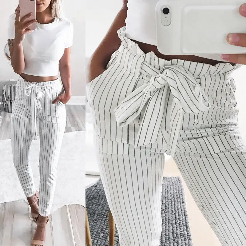 

Women High Waist Slim Pants Casual Elastic Waist Belt Sashes Striped Long Length Pencil Pants Outfit Everyday Size S/M/L/XL